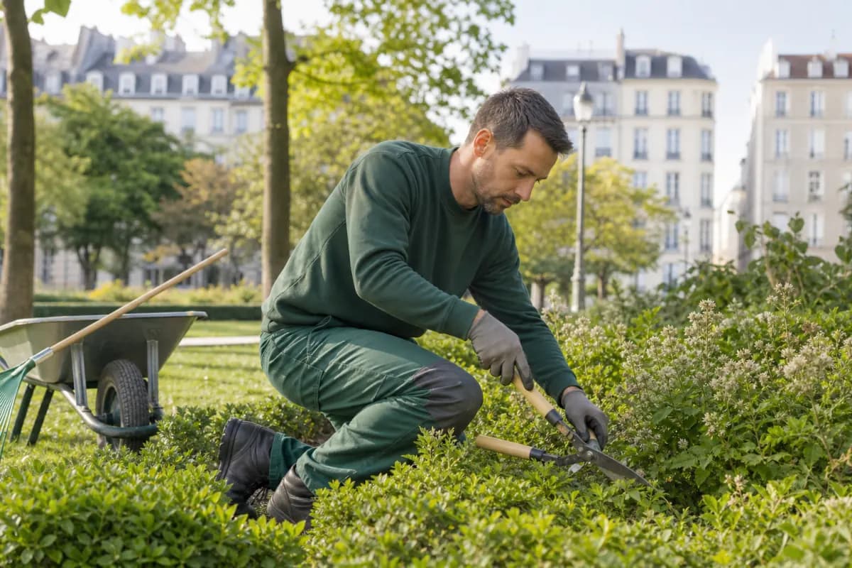 Paysagiste en tenue professionnelle entretenant un parc