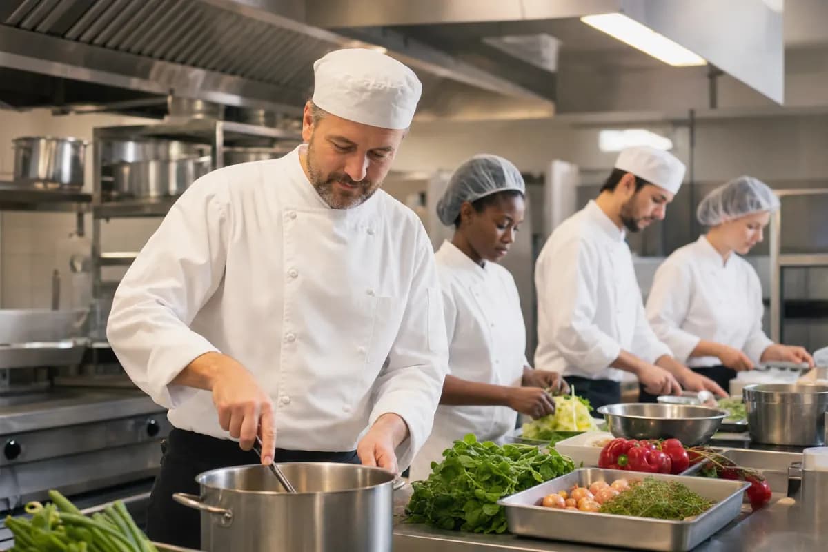 Équipe de cuisiniers dans une cuisine professionnelle de restauration collective